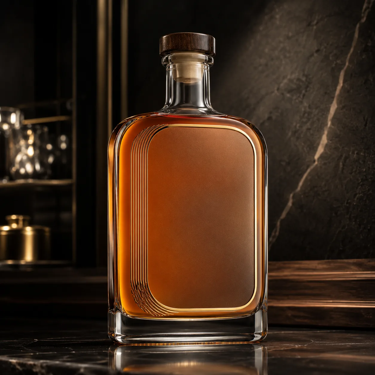 Detail view of Flask Liquor Bottle showing cork, bar top or cap by neck finish
