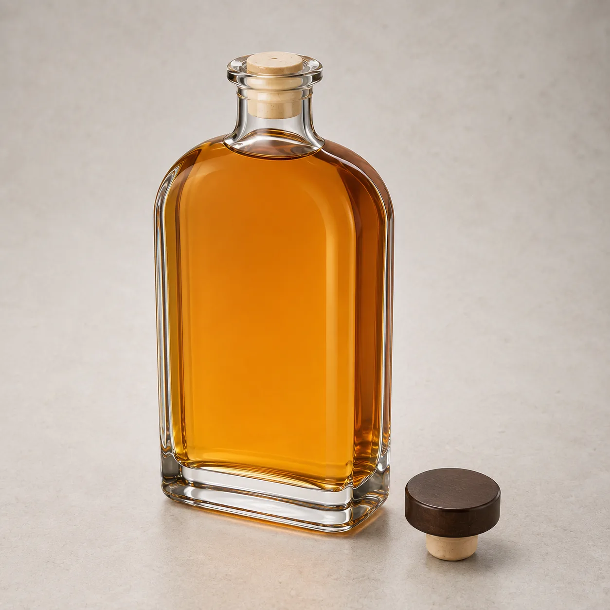 Angled side view of Flat Whiskey Bottle showing the outer profile
