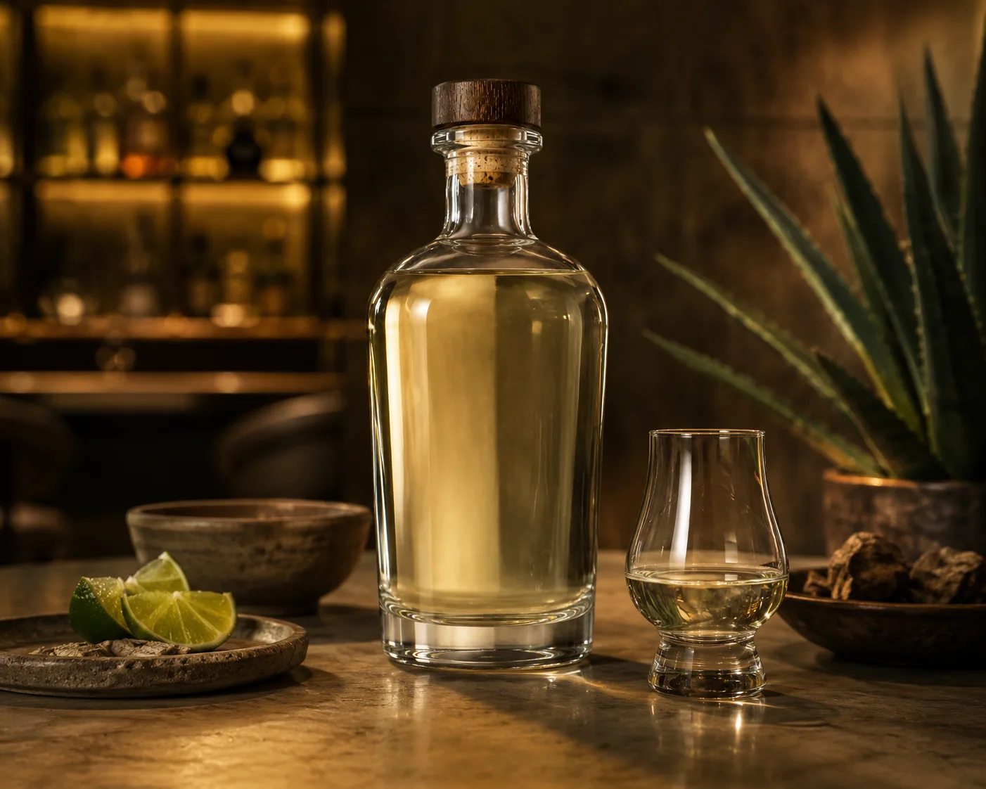 Mezcal-Flasche in einer Premium-Spirituosenverpackungspräsentation für Mezcal- und Agavenspirituosenverpackung.