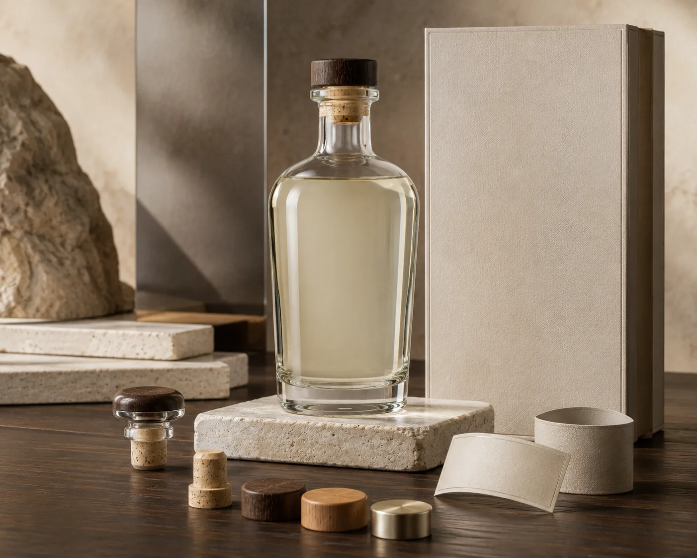 Mezcal-Flasche aus einem sekundären Winkel mit sichtbarer Schulter und Hals.
