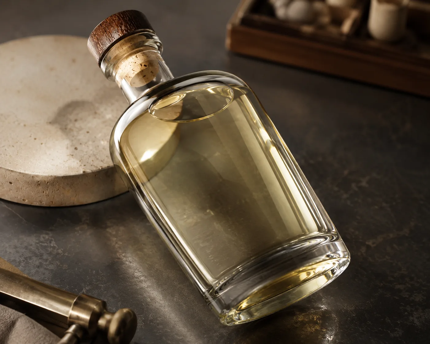 Mezcal-Flasche in einer koordinierten Bar- oder Geschenkverpackungspräsentation.