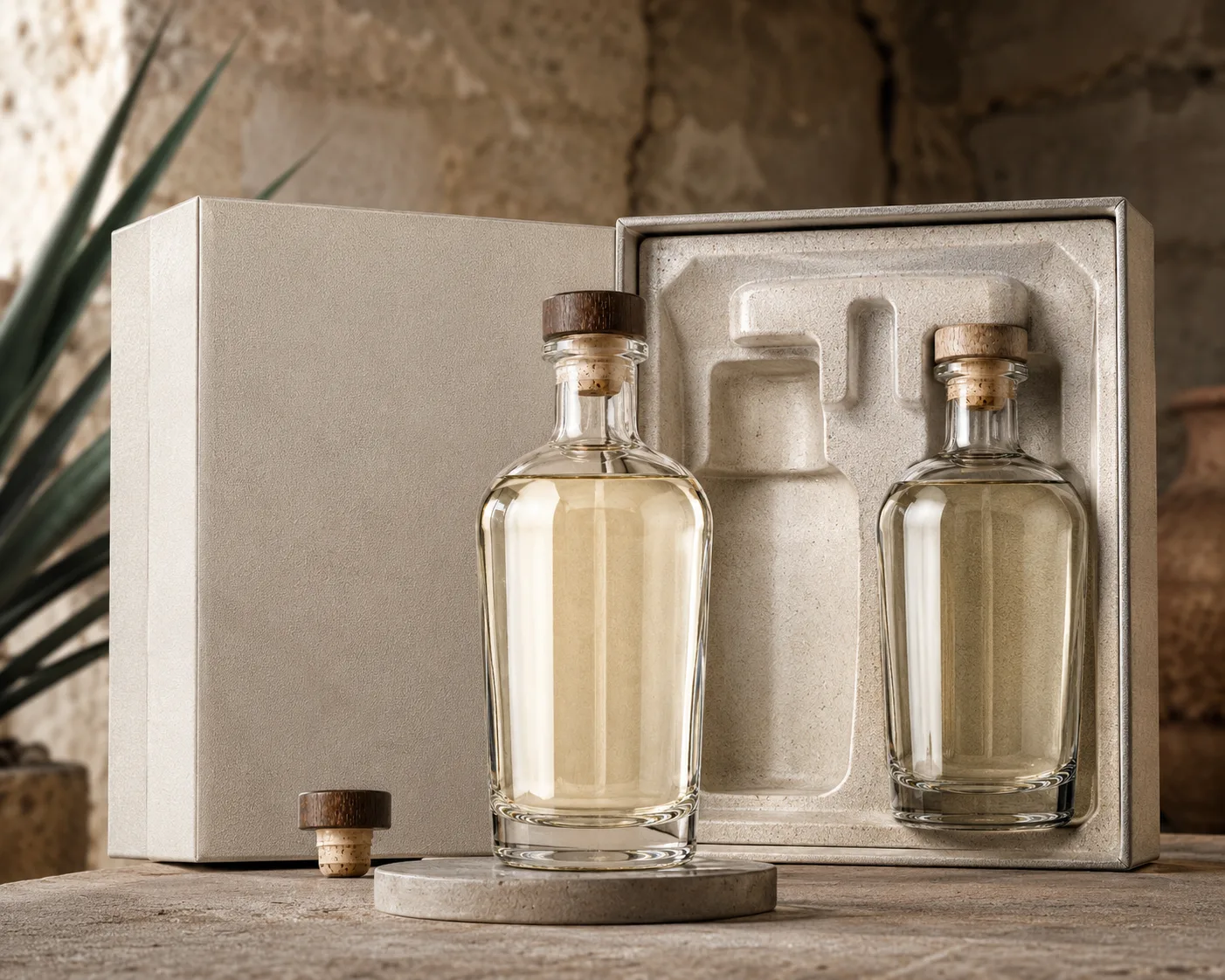 Nahaufnahme der Mezcal-Flasche mit sichtbarem Glasfinish, Verschlussbereich und Boden.