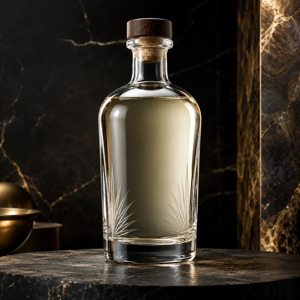 Close view of Mezcal Bottle showing shoulder shape and label / embossing
