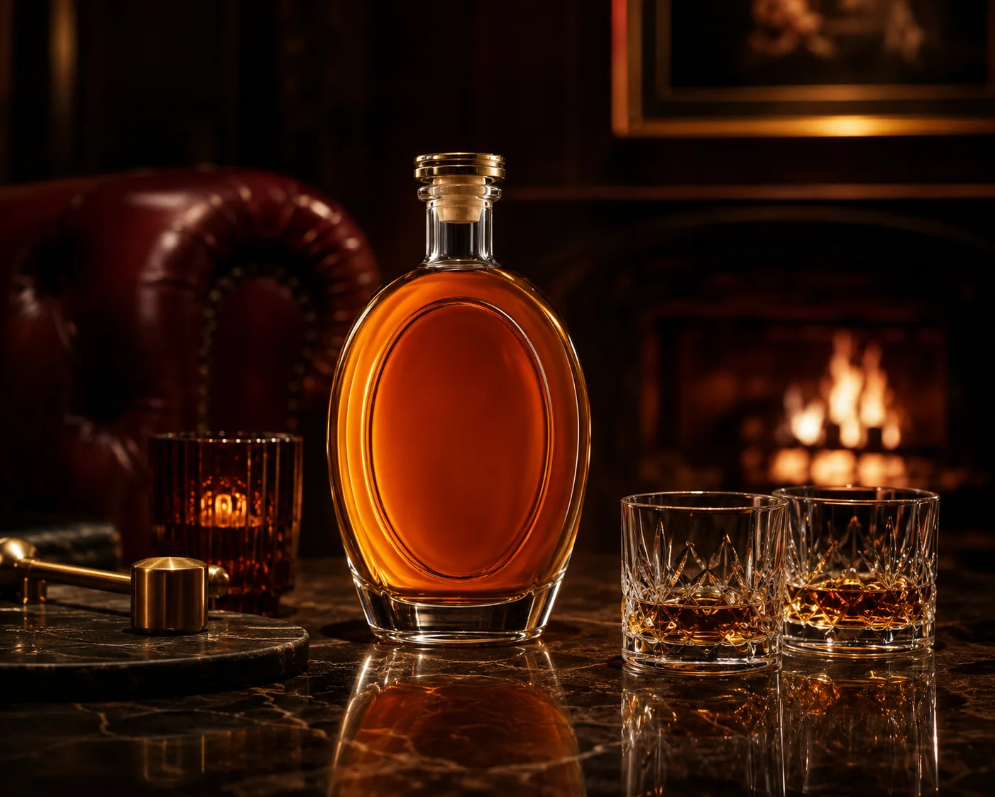 Bouteille de whisky ovale dans une présentation d'emballage de spiritueux haut de gamme pour l'emballage de whisky et de spiritueux haut de gamme.