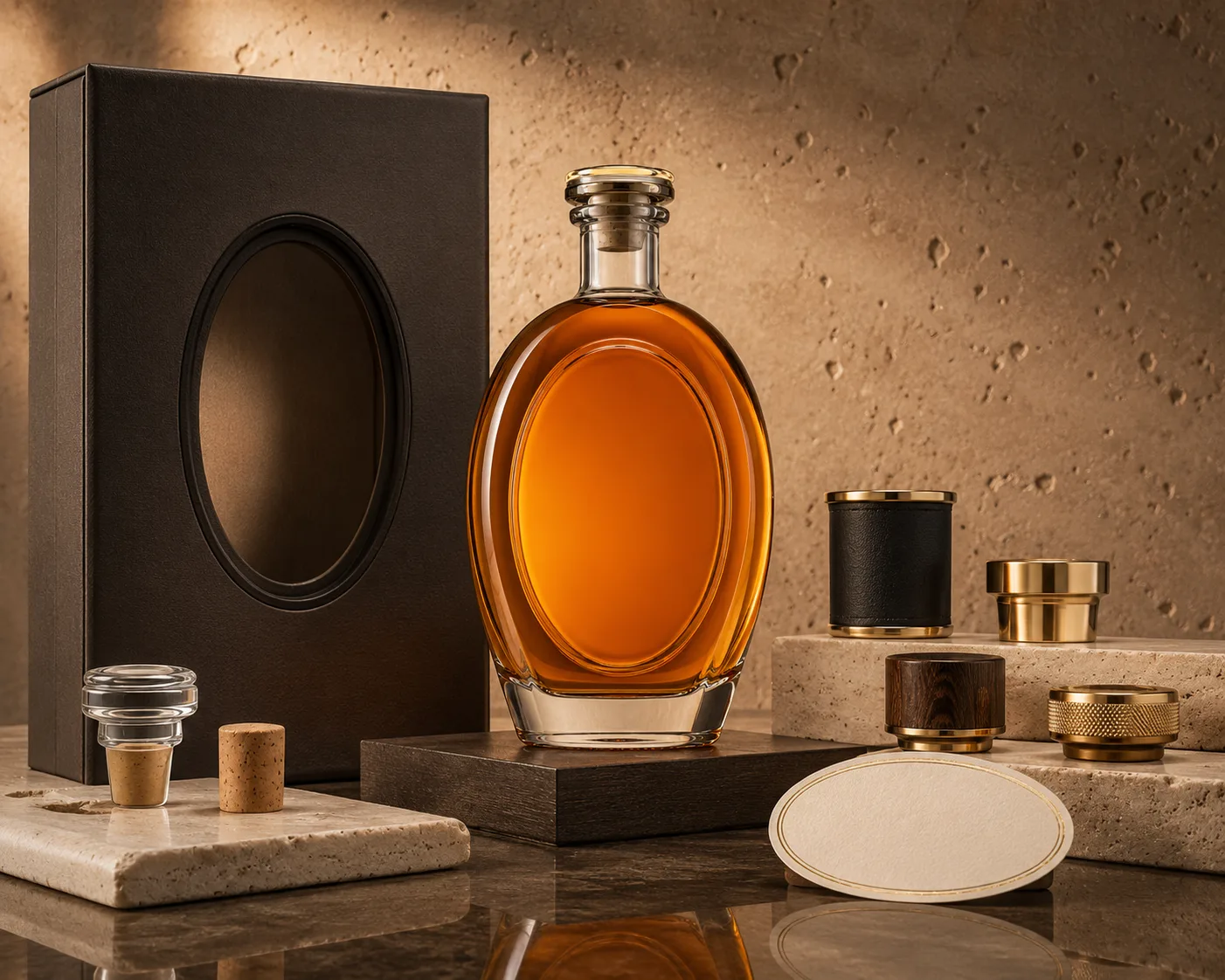 Bouteille de whisky ovale vue sous un angle secondaire avec l'épaule et le goulot visibles.