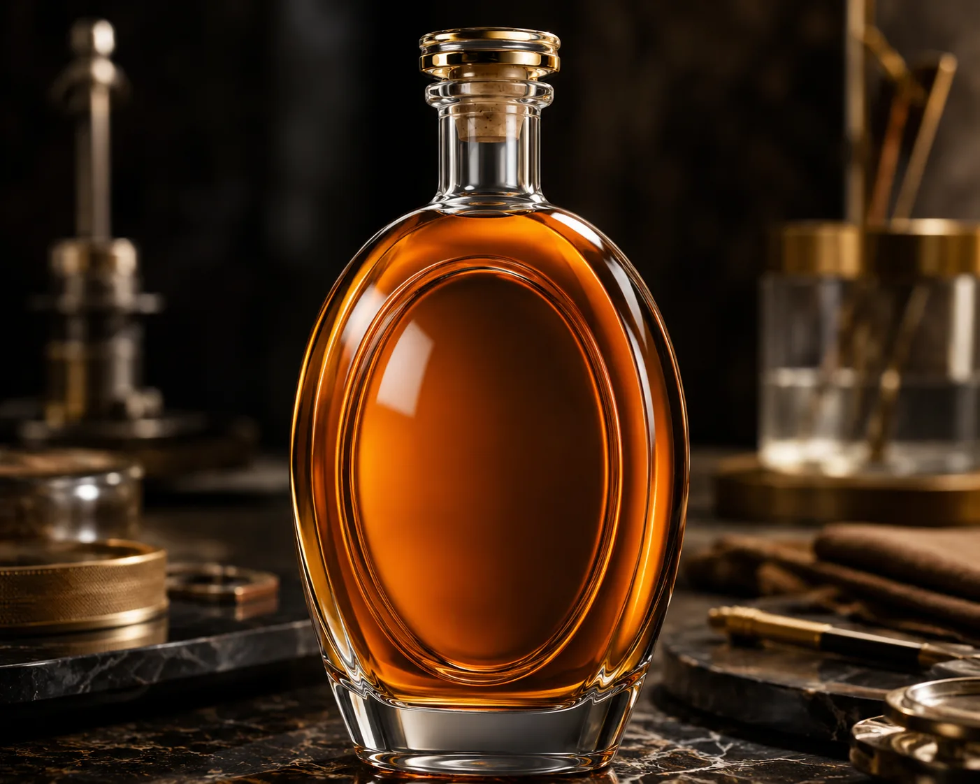 Bouteille de whisky ovale dans une présentation coordonnée de bar ou de coffret cadeau.