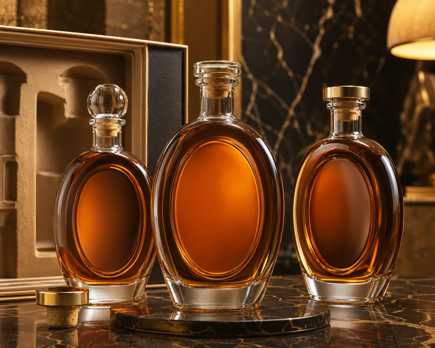 Gros plan de la bouteille de whisky ovale montrant la finition du verre, la zone de fermeture et la base.