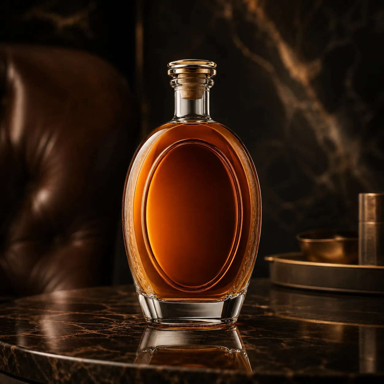 Detail view of Oval Whiskey Bottle showing cork, bar top or cap by neck finish