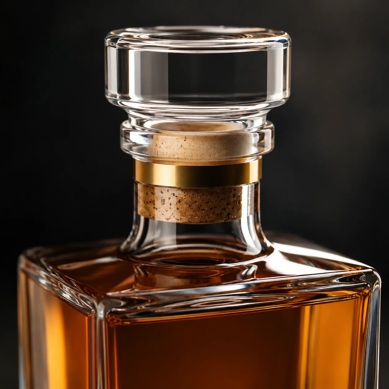 Close view of Rectangular Whiskey Bottle showing shoulder shape and label / embossing