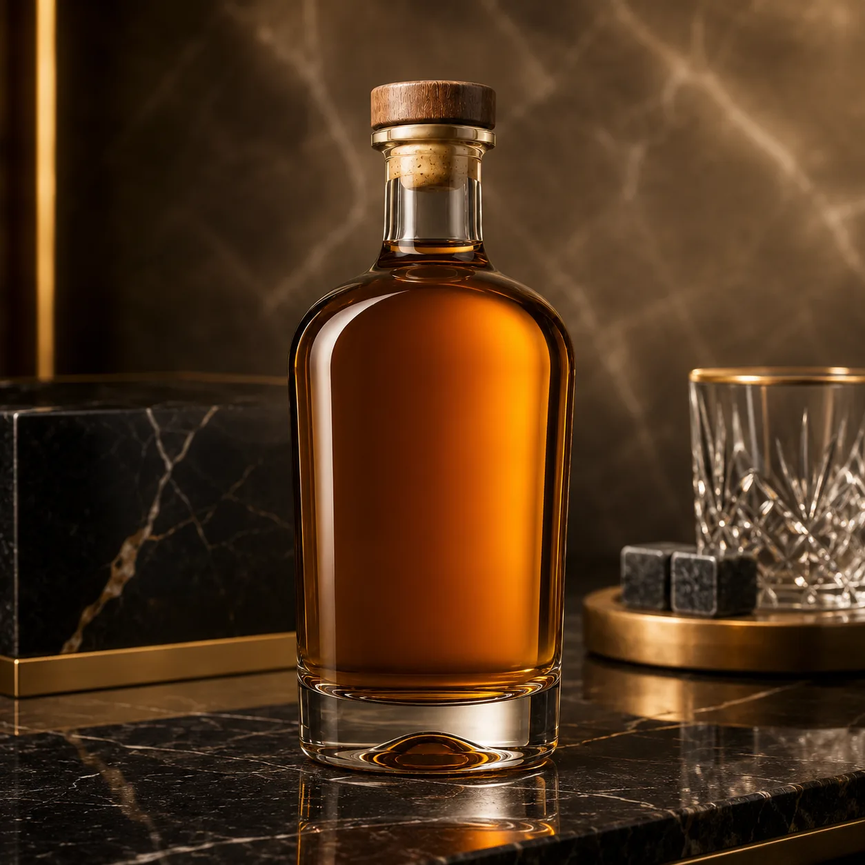 Detail view of Rum Bottle showing cork, bar top or cap by neck finish