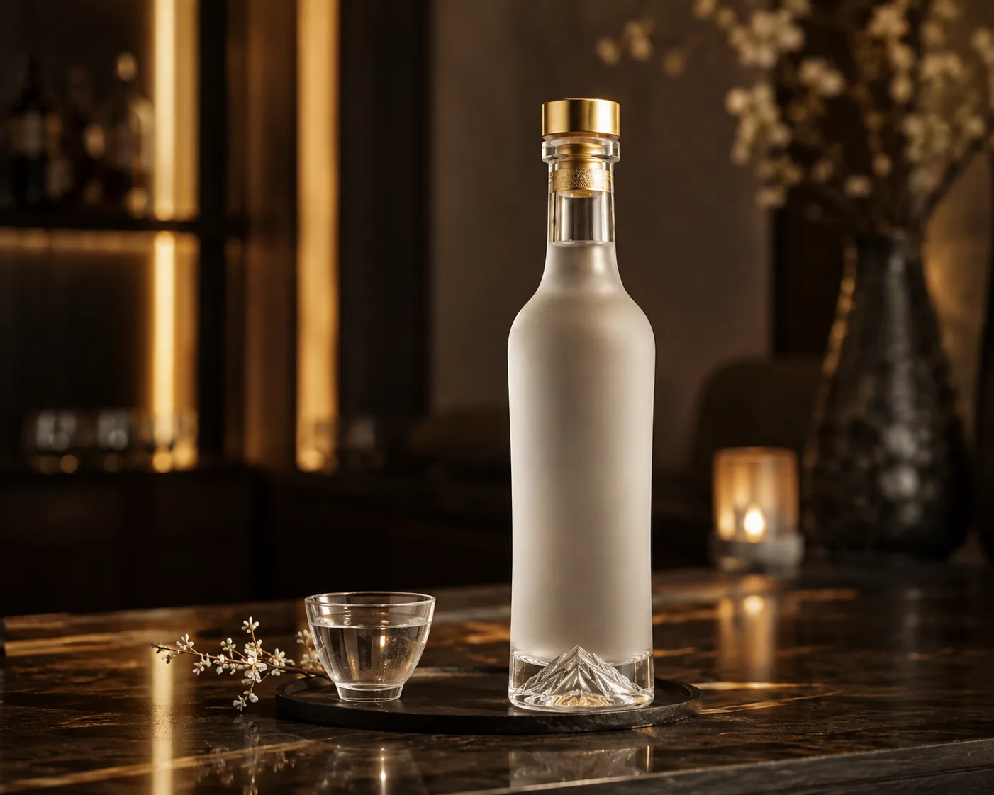 Sake Bottle in a premium spirits packaging presentation for sake and rice-wine packaging.