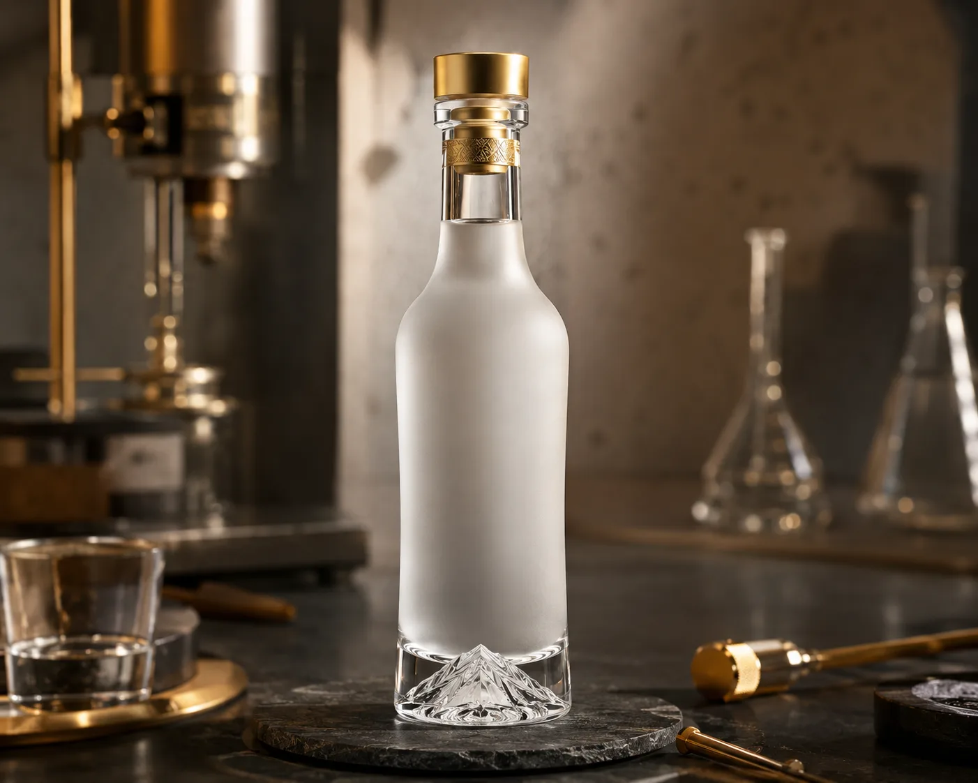 Sake Bottle in a coordinated bar or gift-packaging display.