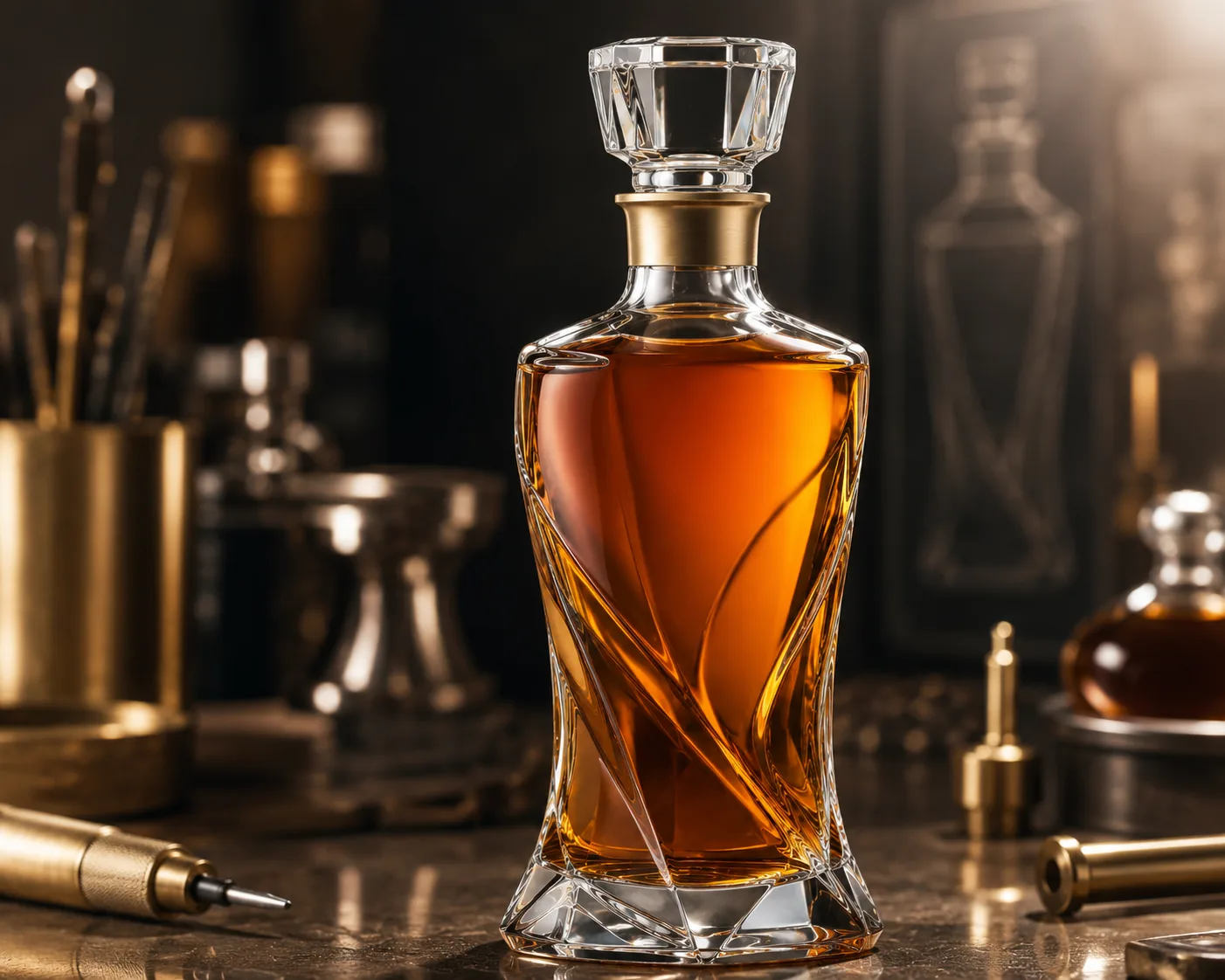 Sculptural Liquor Bottle in a coordinated bar or gift-packaging display.