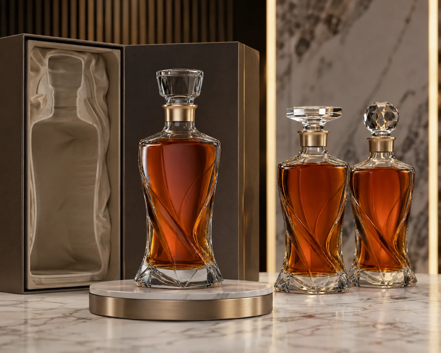 Close-up of Sculptural Liquor Bottle showing the glass finish, closure area and base.