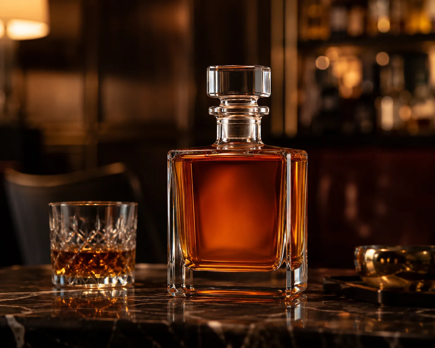 Quadratische Whiskyflasche in einer Premium-Spirituosenverpackungspräsentation für Whisky- und Premium-Spirituosenverpackungen.