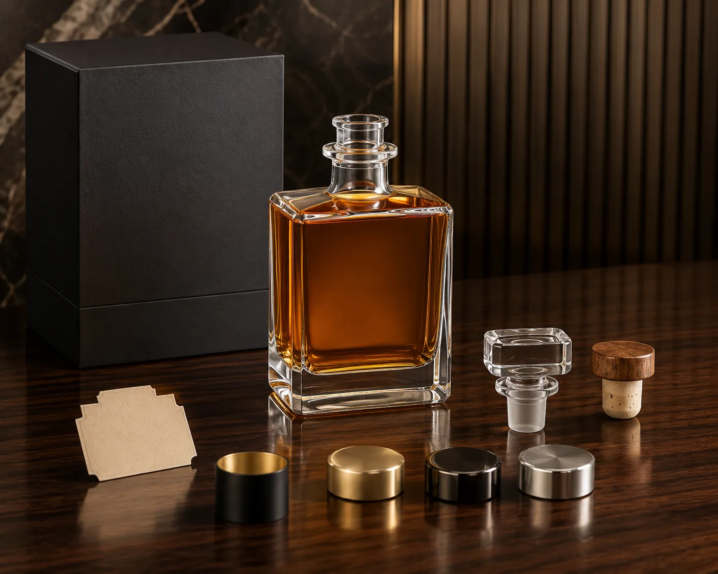 Quadratische Whiskyflasche aus einem sekundären Winkel mit sichtbarer Schulter und Hals.