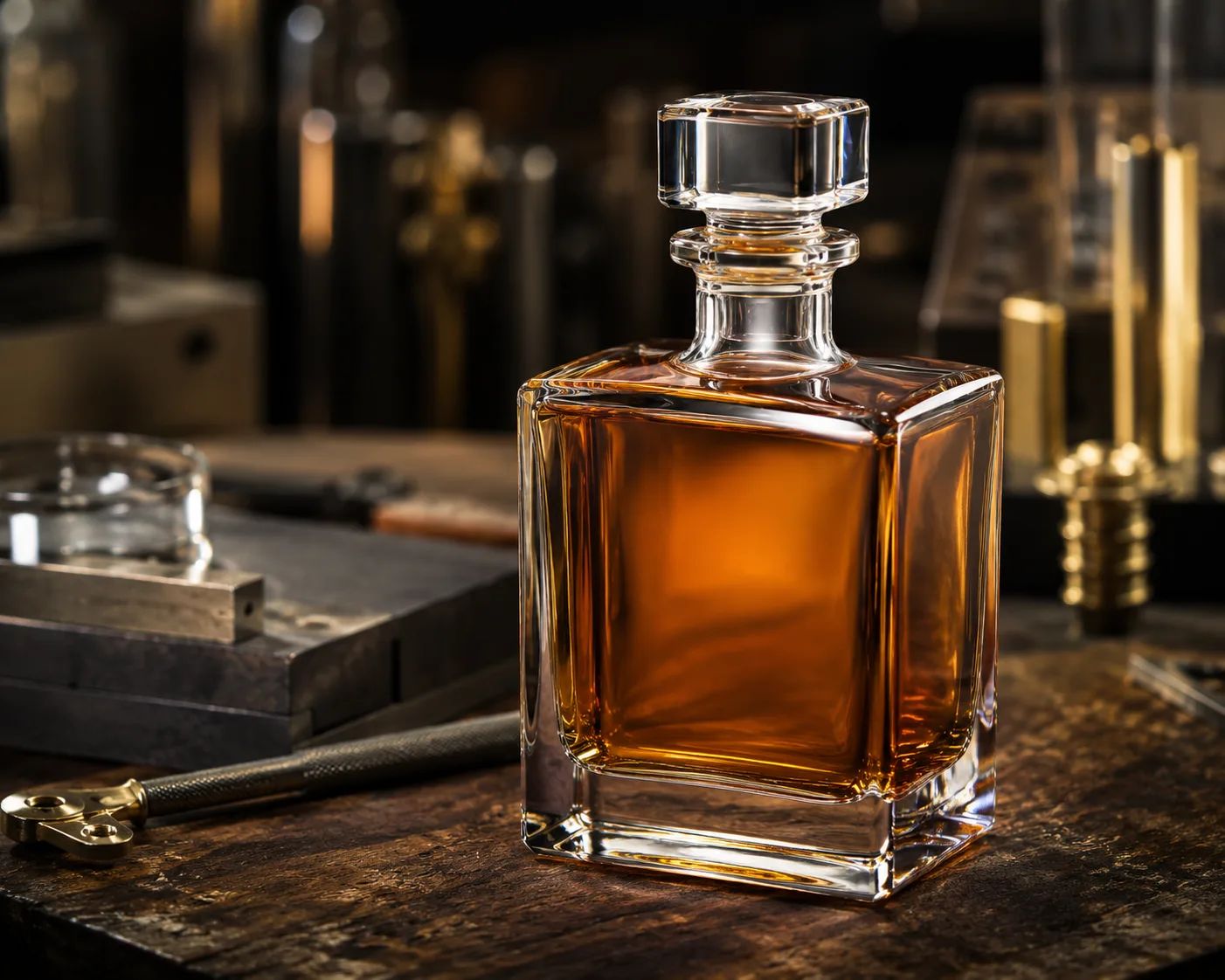 Quadratische Whiskyflasche in einer koordinierten Bar- oder Geschenkverpackungspräsentation.