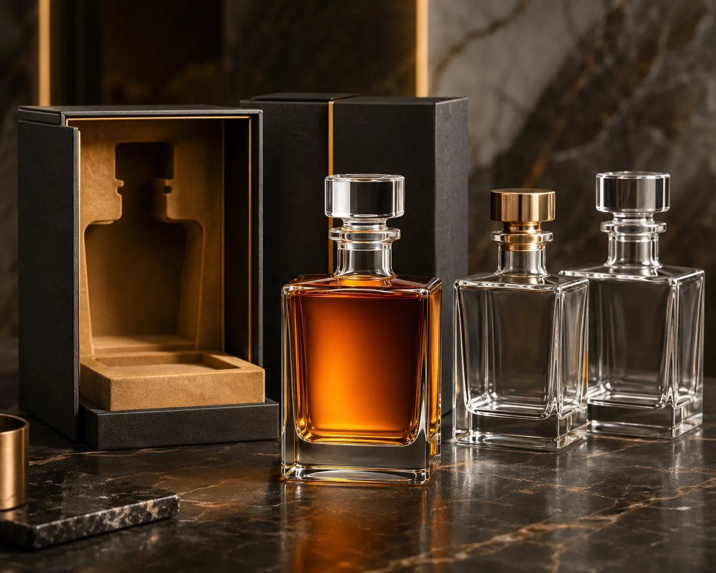 Nahaufnahme der quadratischen Whiskyflasche mit sichtbarem Glasfinish, Verschlussbereich und Boden.