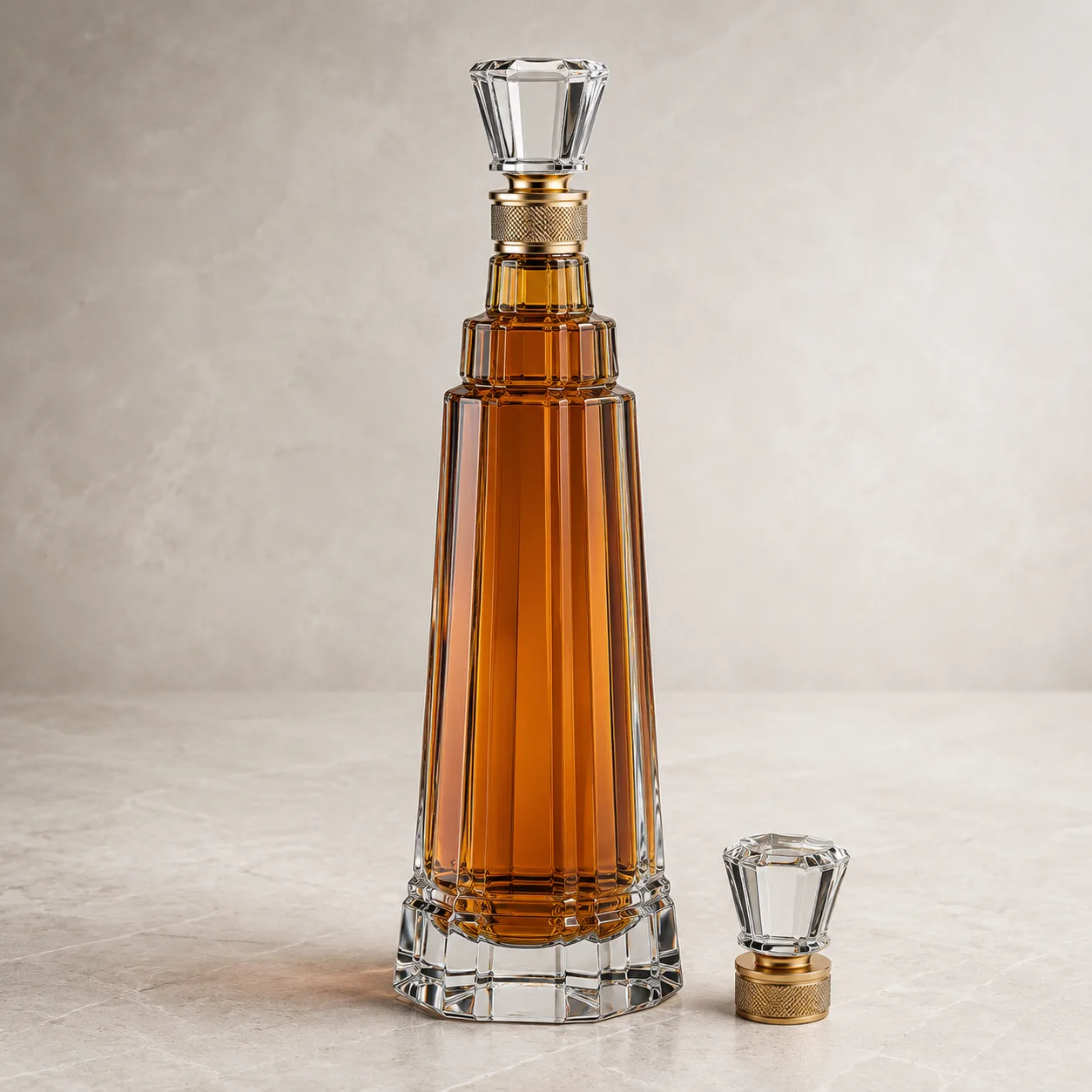 Angled side view of Tower-Shaped Liquor Bottle showing the outer profile