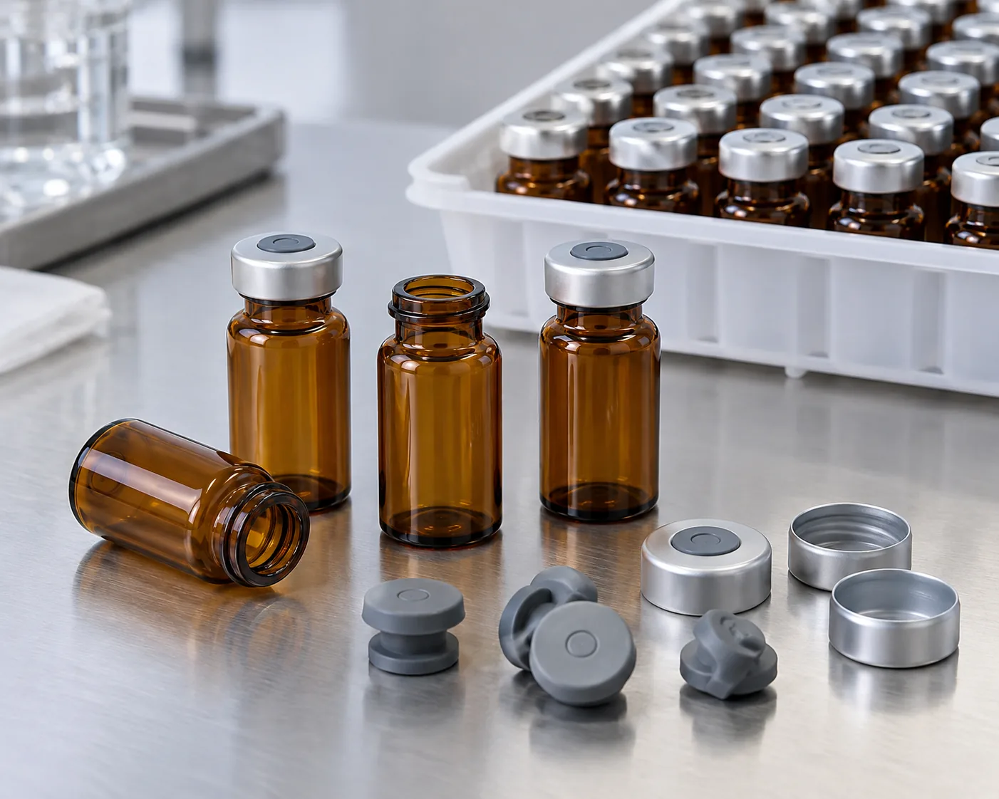 amber glass vial light protection with 20 mm stopper and aluminum seal