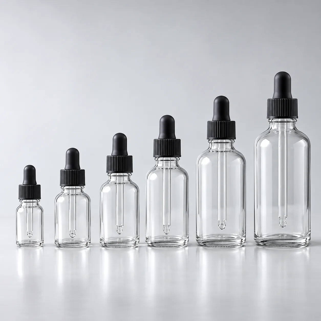 Clear Pharmaceutical Glass Dropper Bottles gallery view 2 showing product profile and glass structure