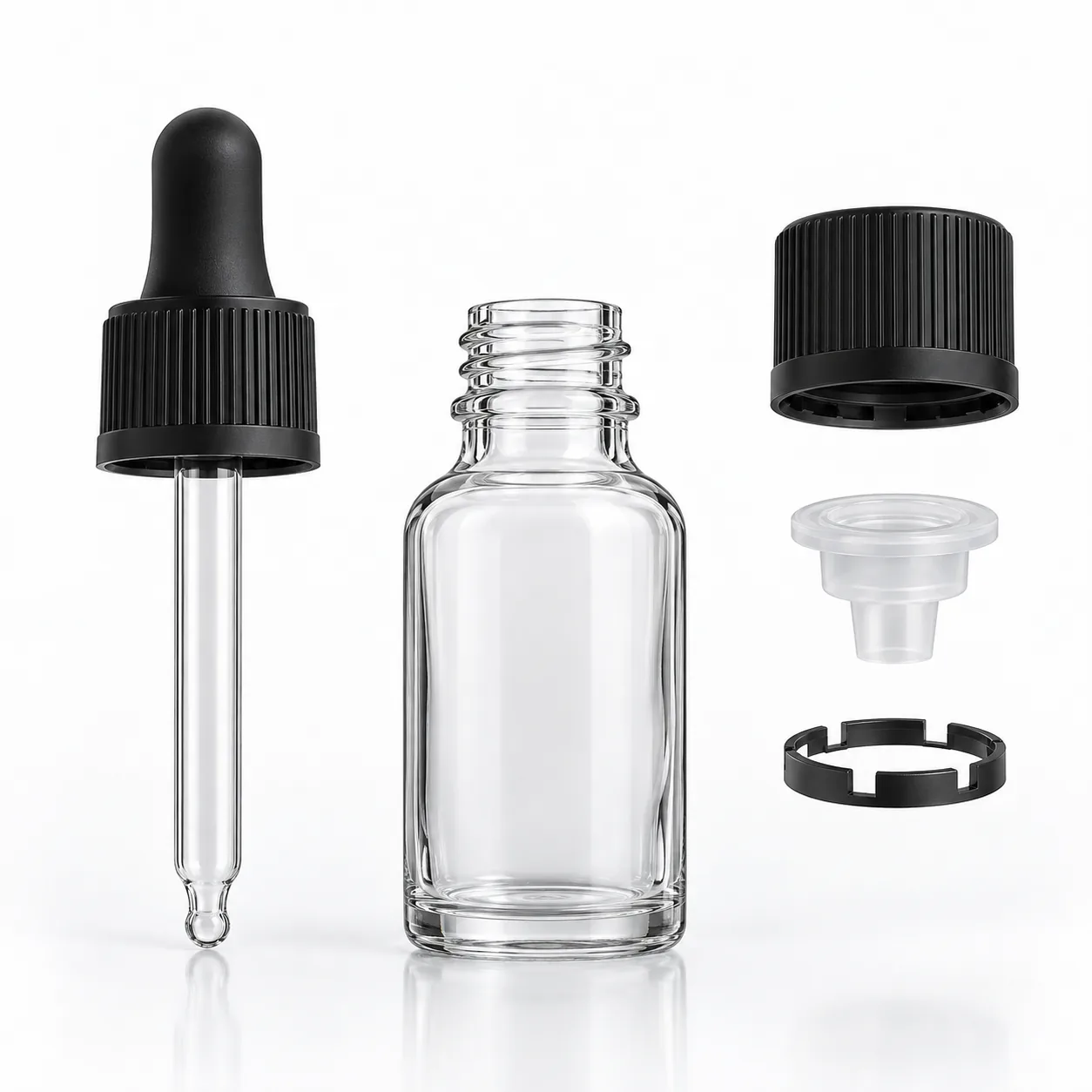 Clear Pharmaceutical Glass Dropper Bottles gallery view 4 showing product profile and glass structure