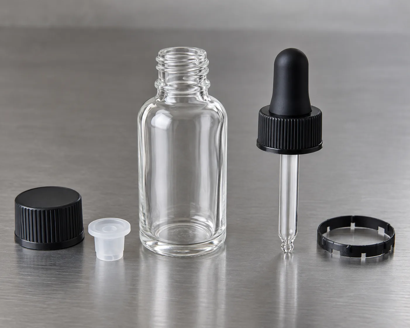 DIN18 clear glass dropper bottle cap and dosing insert detail