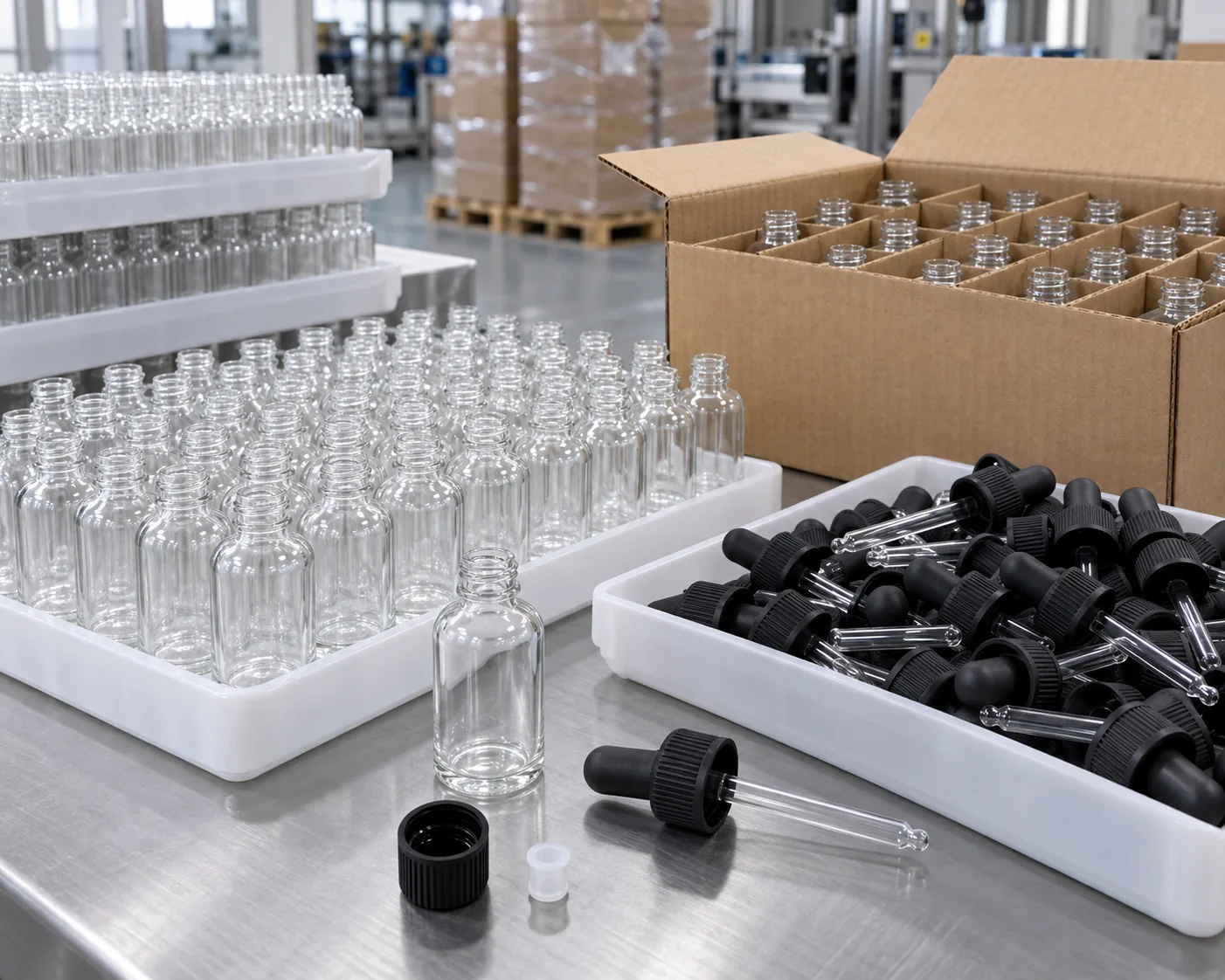 clear glass medicine dropper bottles with closure in protective export packing