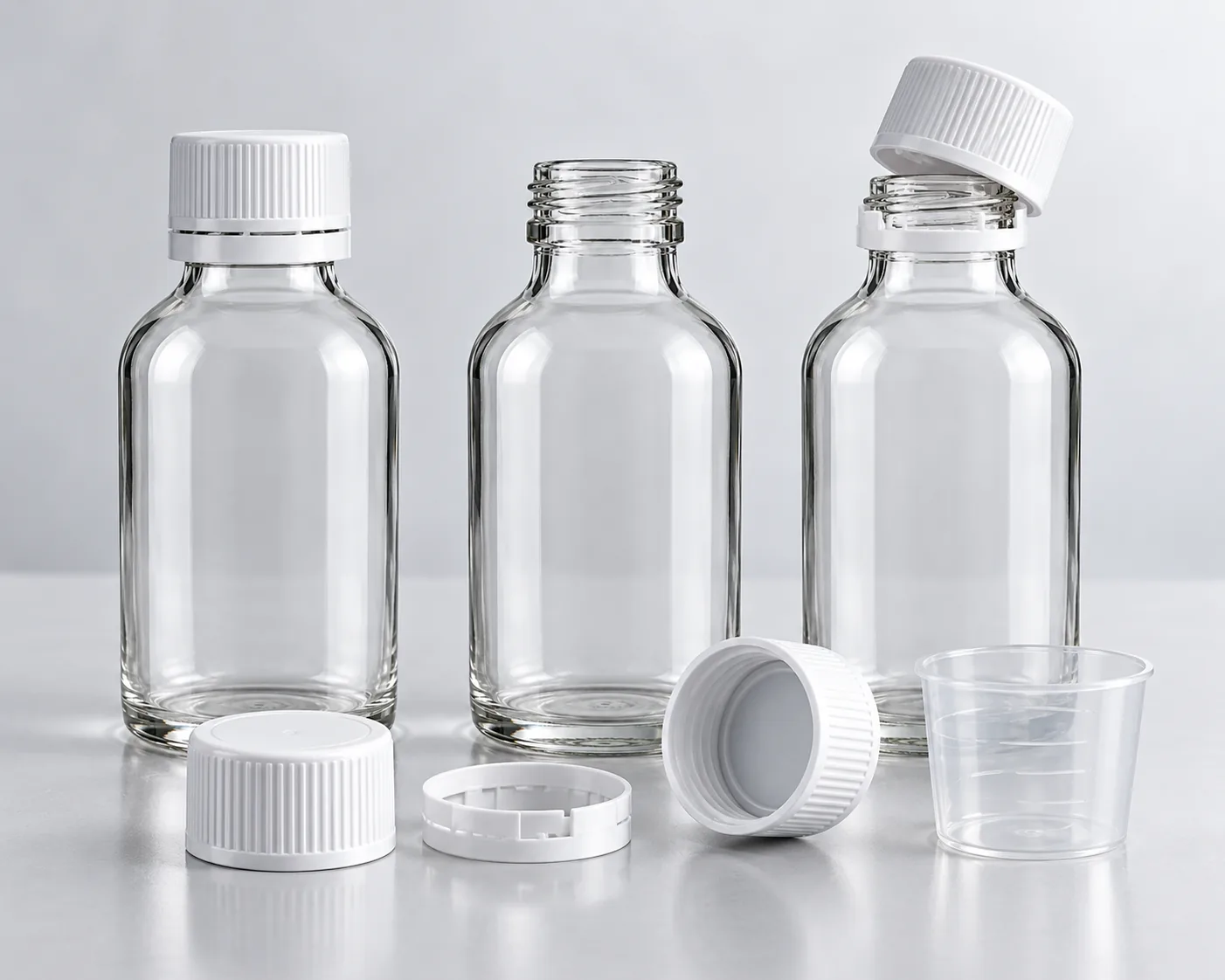 clear glass syrup bottle PP28 cap liner and dosing component detail