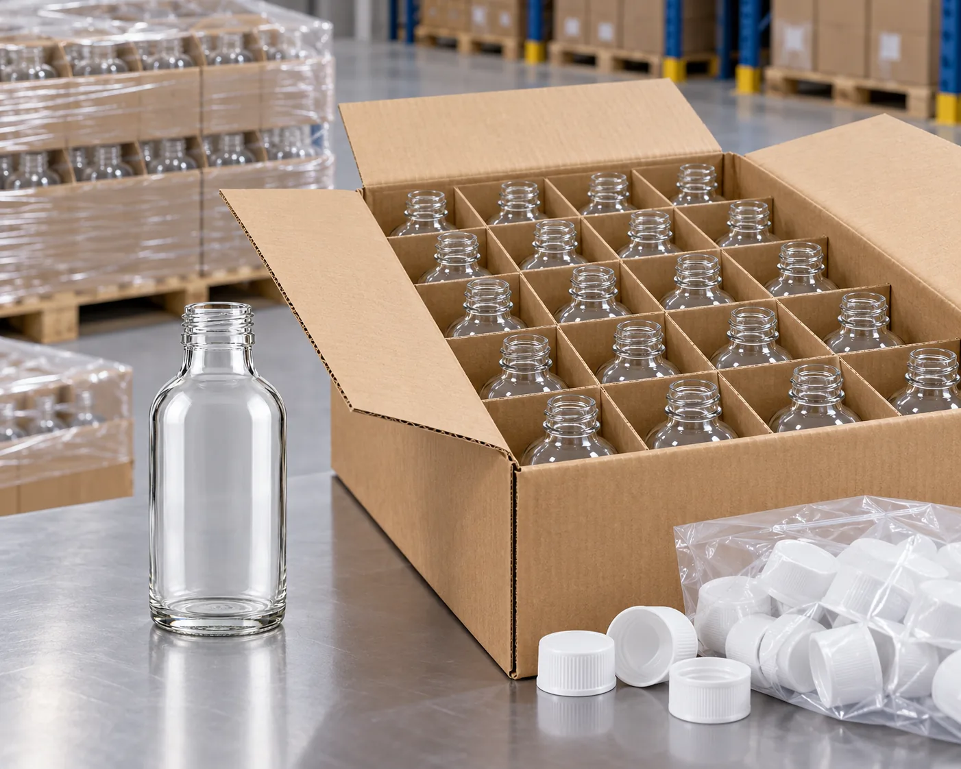 clear glass syrup bottles packed in divider carton on export pallet