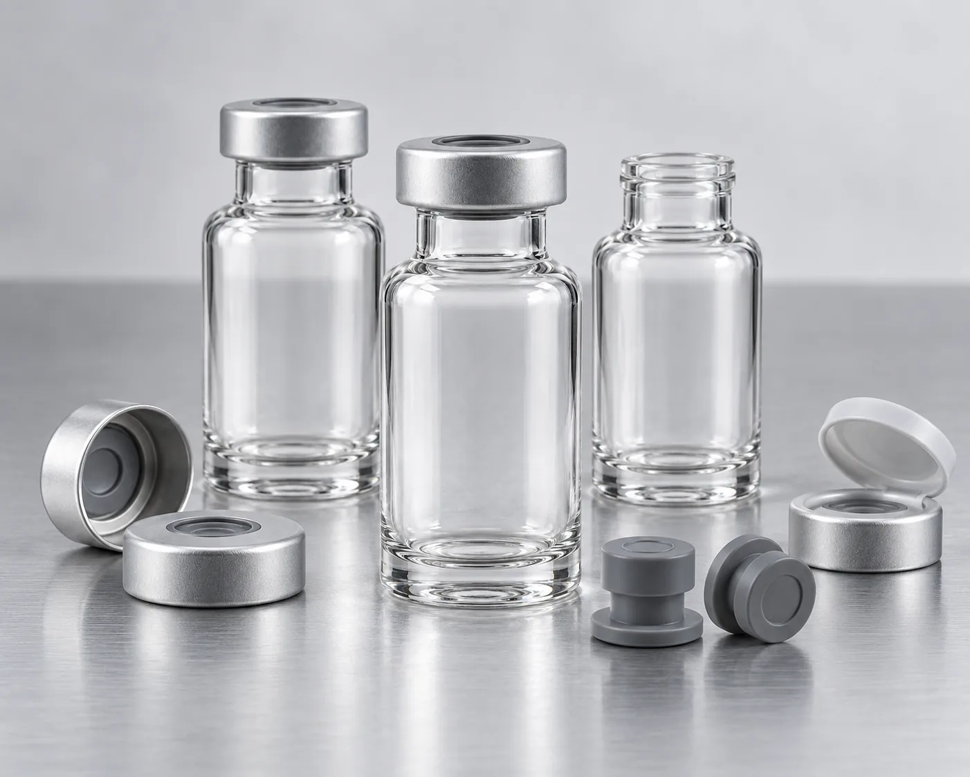 clear molded injection vial 20 mm neck finish stopper and aluminum seal