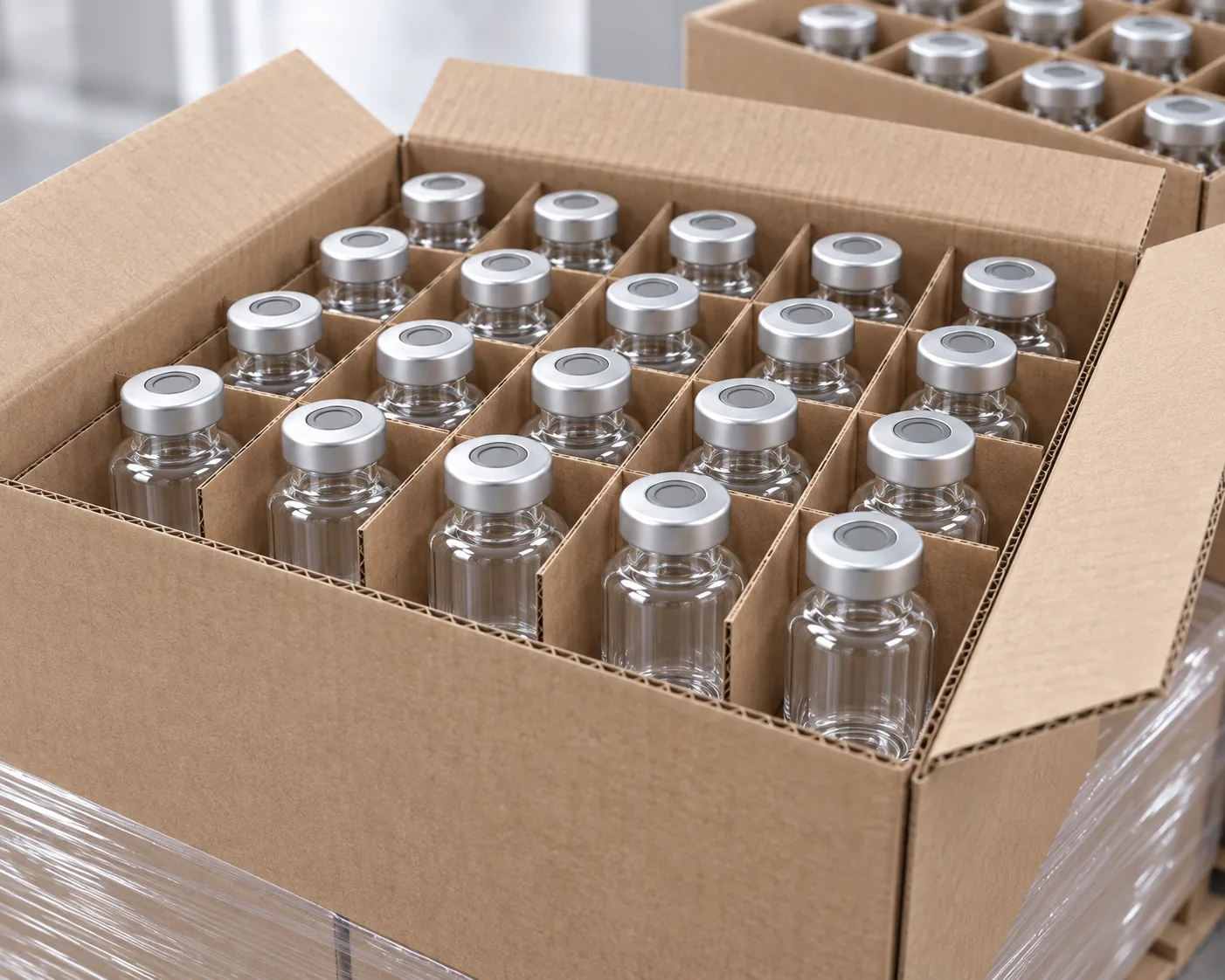 clear molded pharmaceutical vials packed in partition export cartons