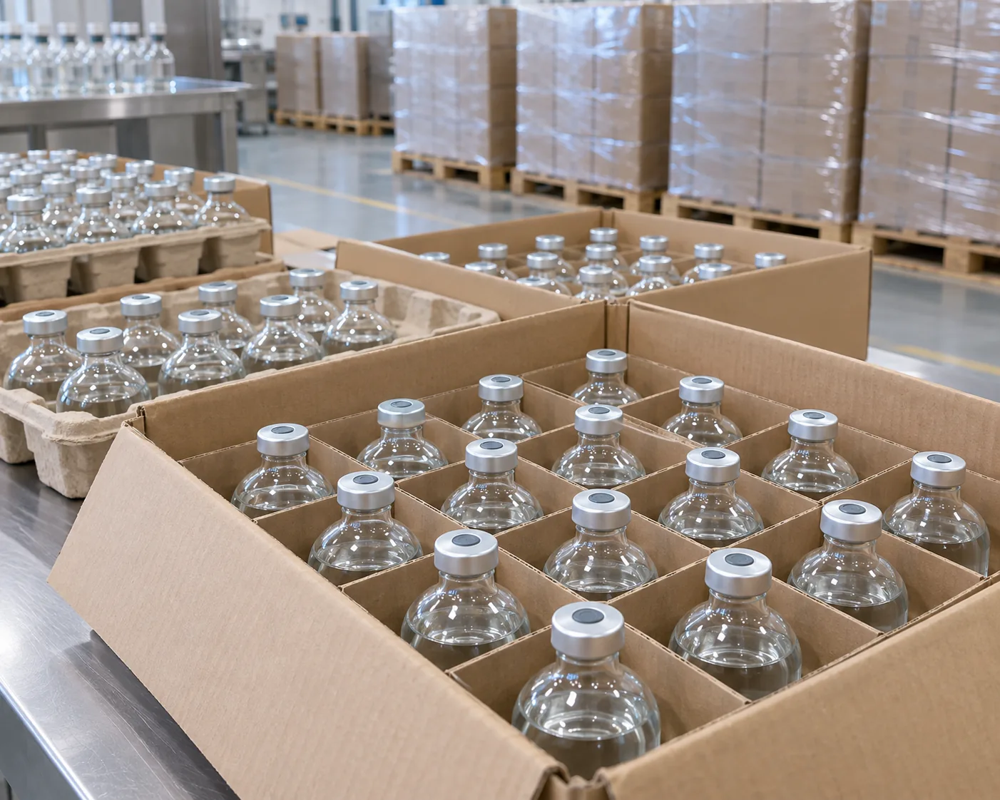 glass infusion bottles in divider carton and pallet export packing