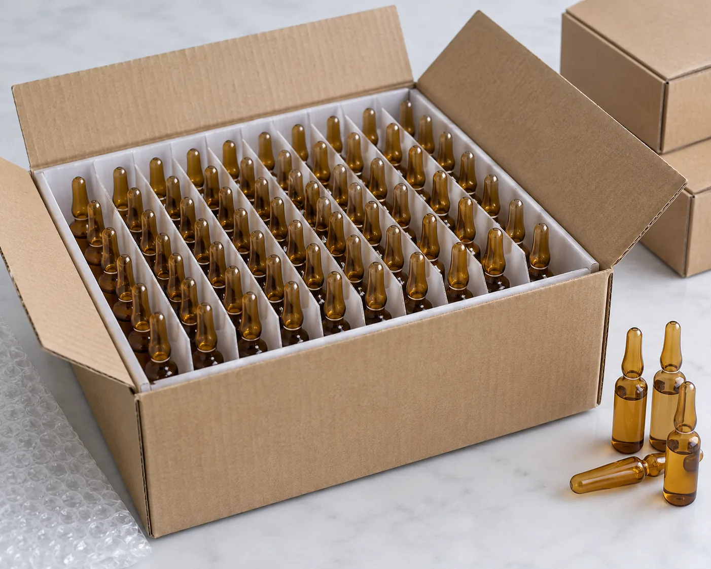 pharmaceutical glass ampoules in protective tray and export carton packing