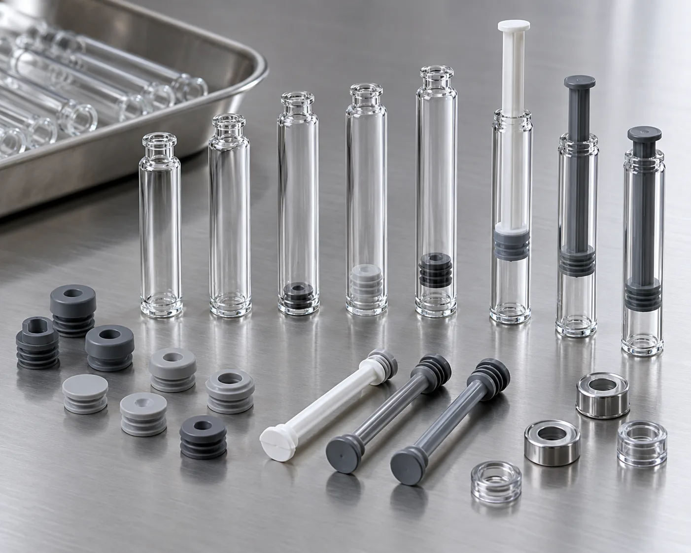 glass cartridge plunger rubber seal and aluminum closure component detail
