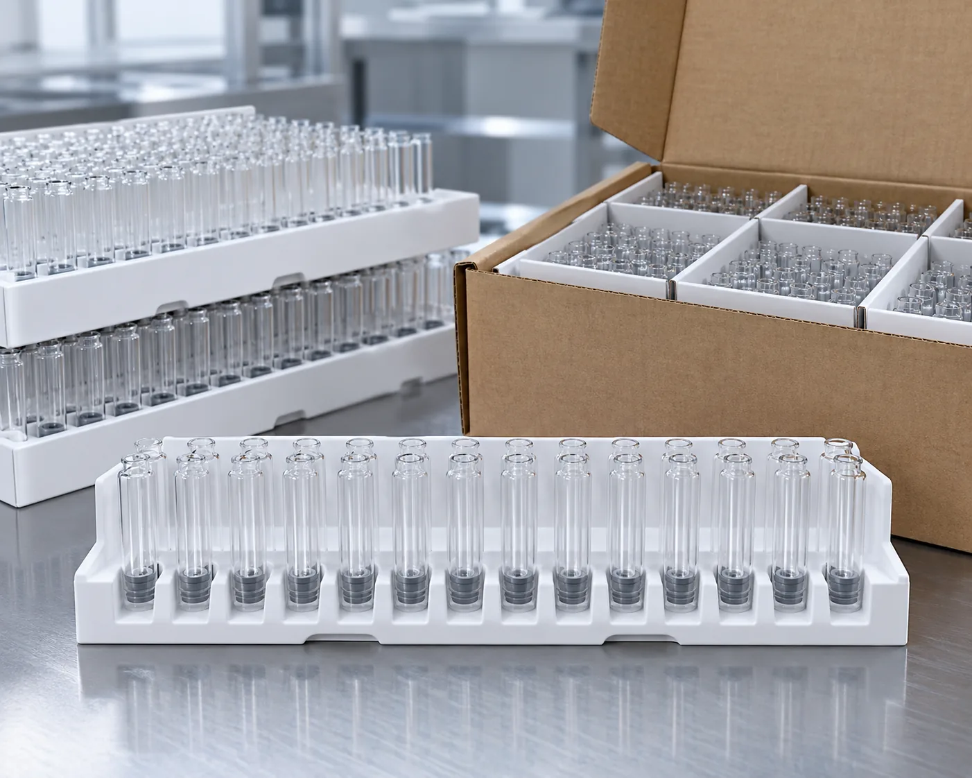 pharmaceutical glass cartridges in protective tray packing