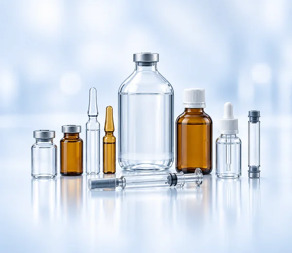 pharmaceutical glass packaging collection with vials ampoules infusion bottles cartridges syringes and medicine bottles
