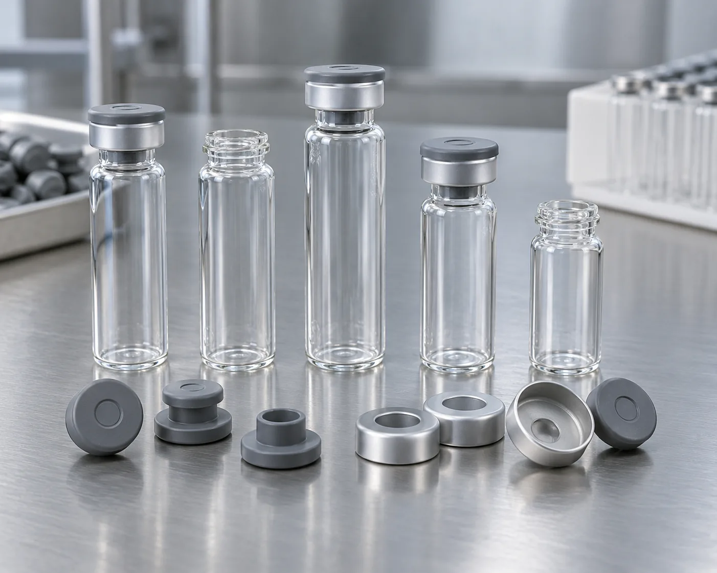 tubular glass vial 13 mm and 20 mm stopper aluminum seal closure detail
