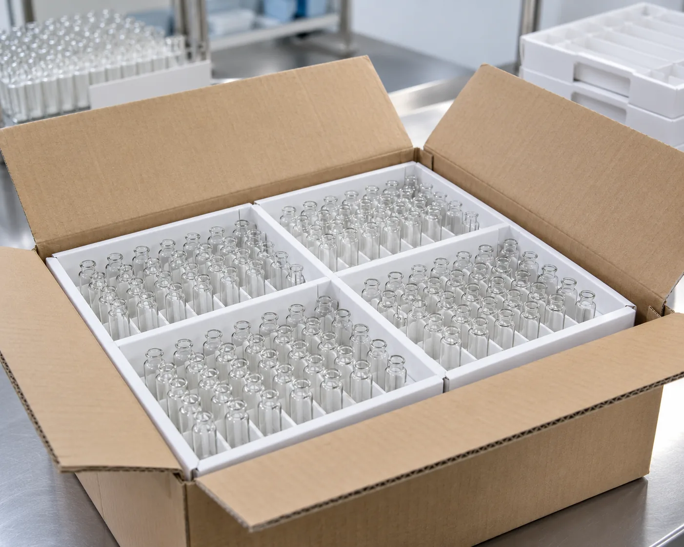 tubular glass injection vials in protective tray and export carton