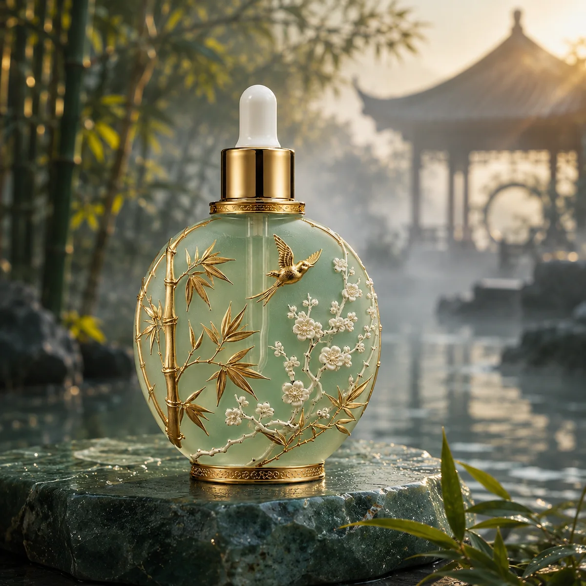 Jade Bird-and-Bamboo Essential Oil Bottle glass finish detail