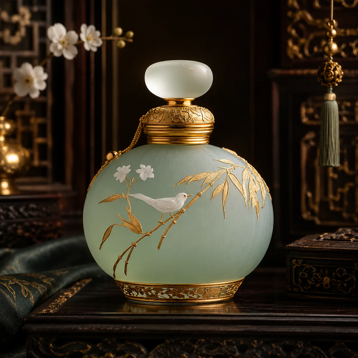 Jade Green Bird-and-Blossom Perfume Bottle front view