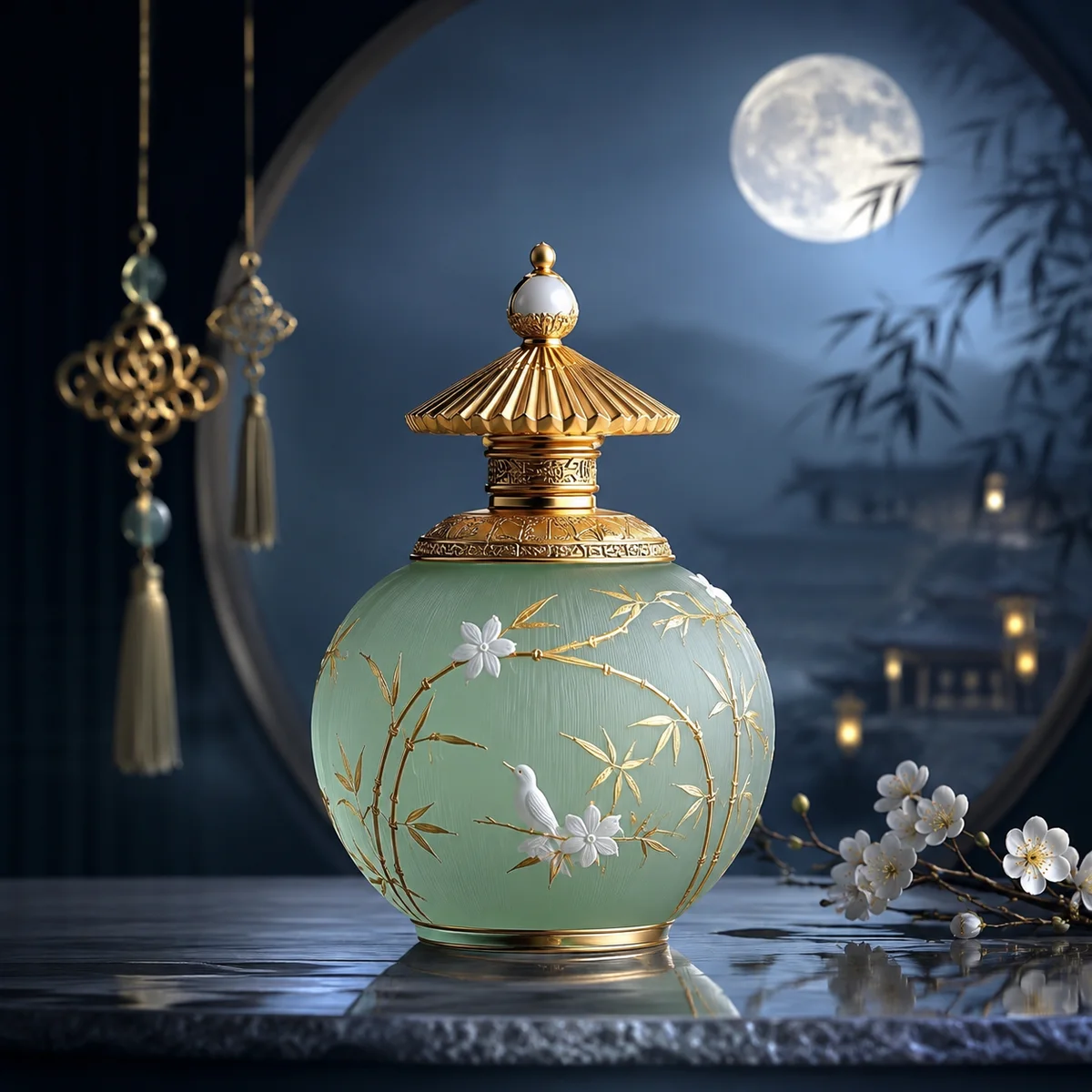 Jade Green Bird-and-Blossom Perfume Bottle glass finish detail