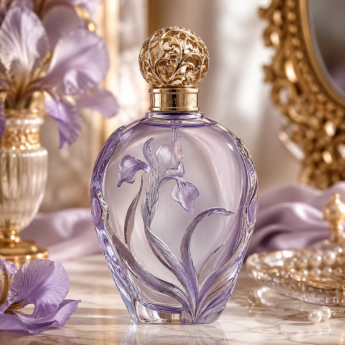 Luxury Iris Embossed Glass Perfume Bottle glass finish detail