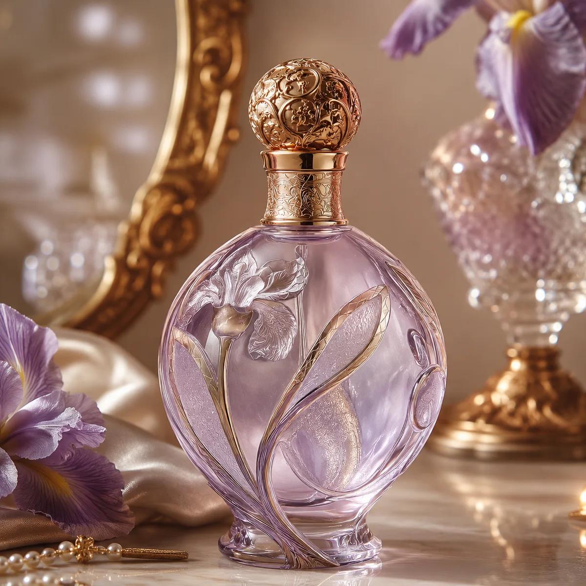 Luxury Iris Embossed Glass Perfume Bottle closure or decoration detail