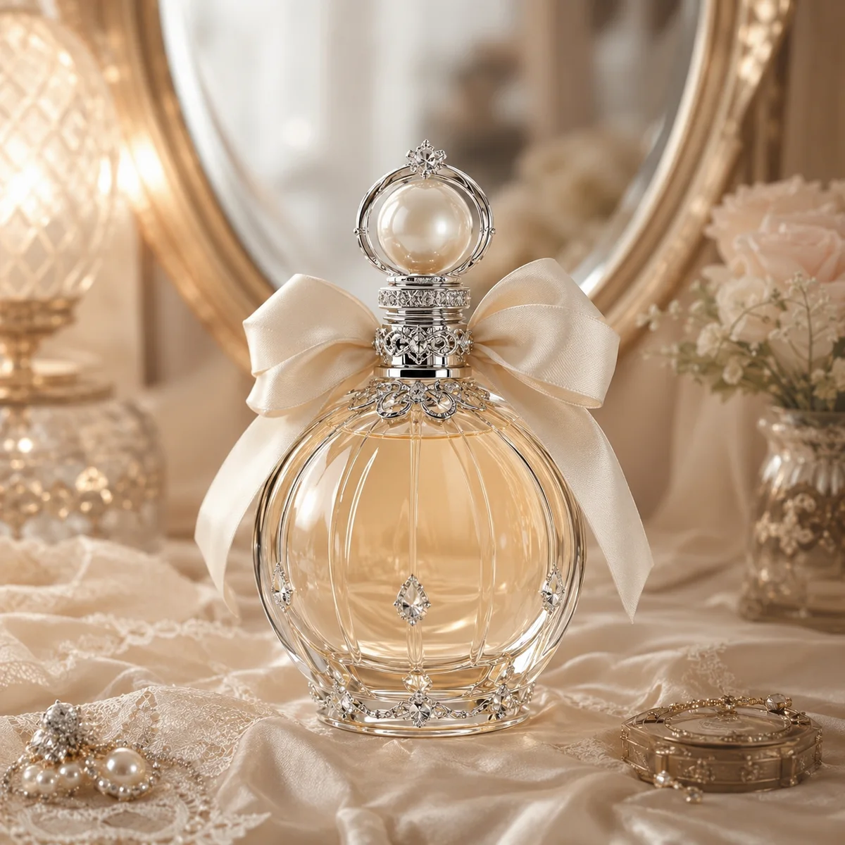 Pearl Bow Crystal Perfume Bottle closure or decoration detail