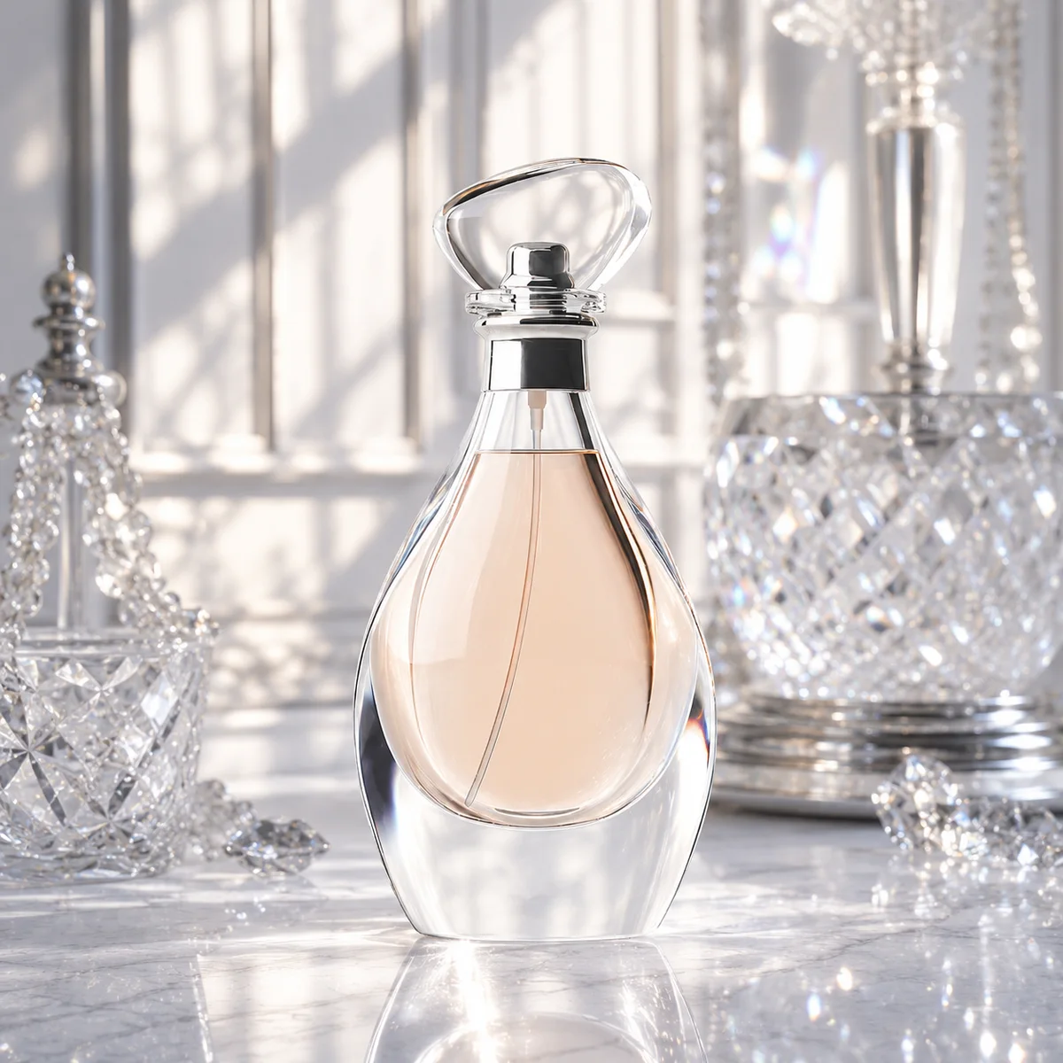 Sculptural Teardrop Glass Perfume Bottle closure or decoration detail