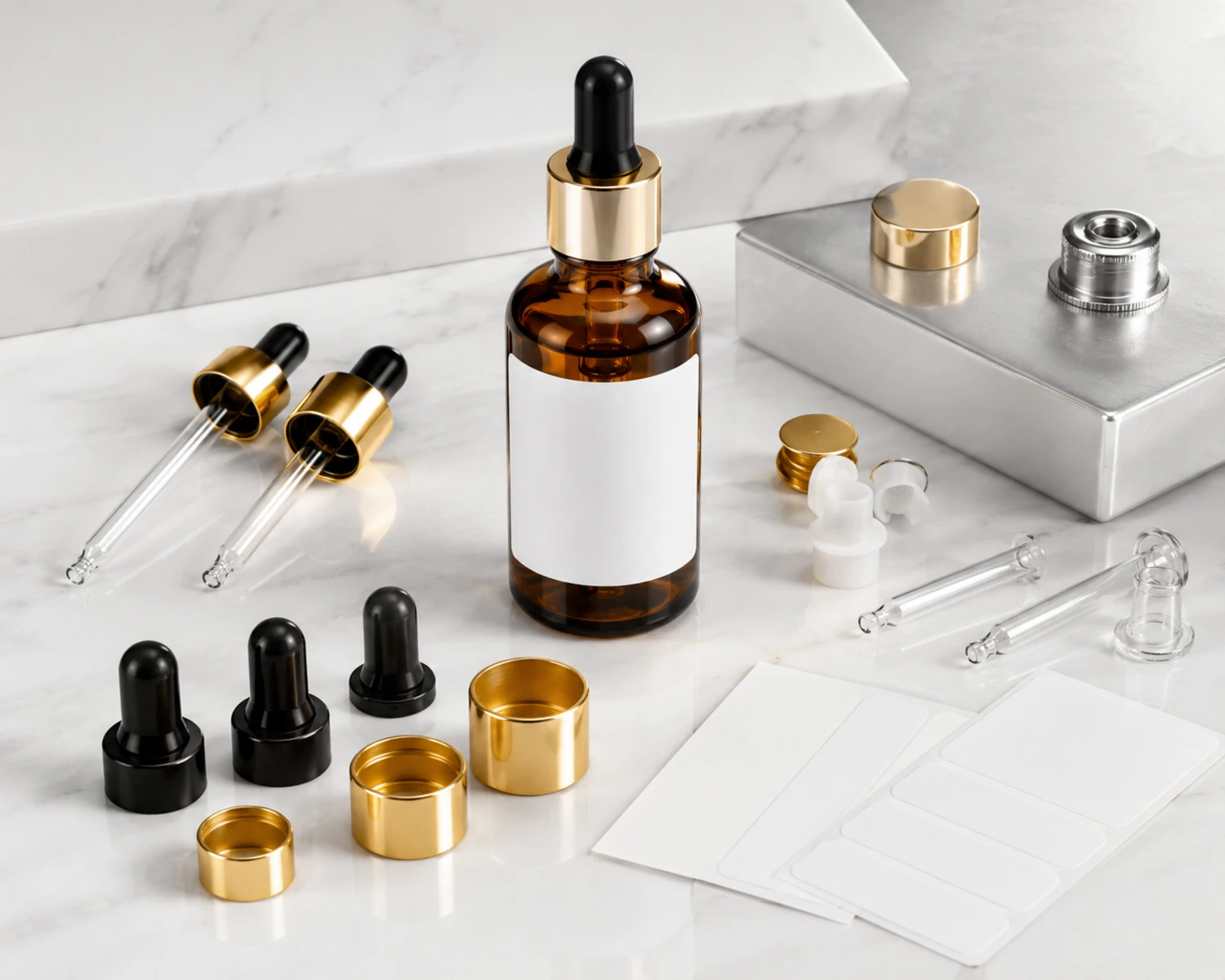 Zubehördetailbild der Bernsteinfarbenen Kosmetik-Serumflasche mit Verschluss, Kappe oder anwendungsspezifischen Flaschenkomponenten