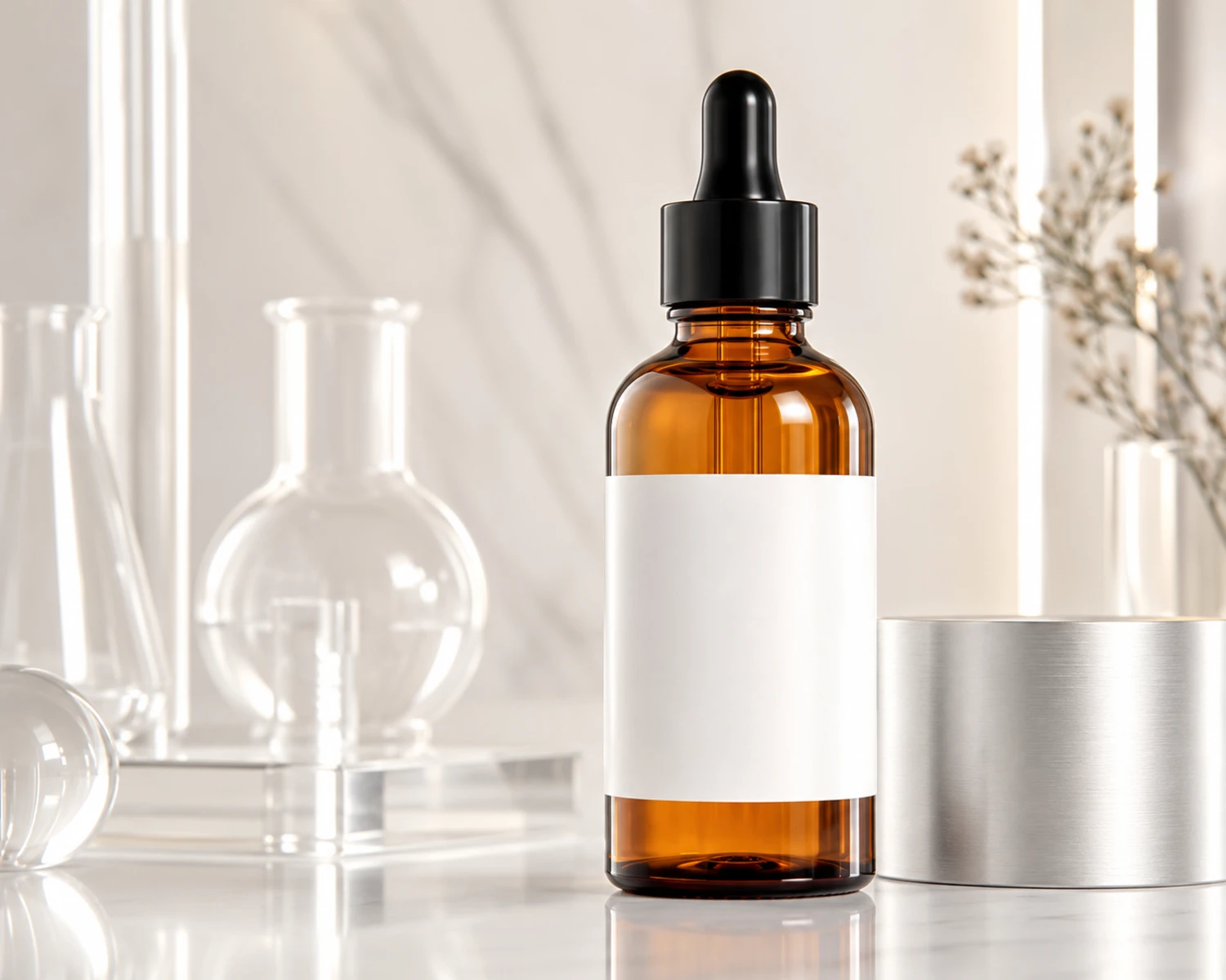 Detailbild des Veredelungsprozesses der Bernsteinfarbenen Kosmetik-Serumflasche mit Oberfläche, Etikettenbereich oder Oberflächenbehandlung