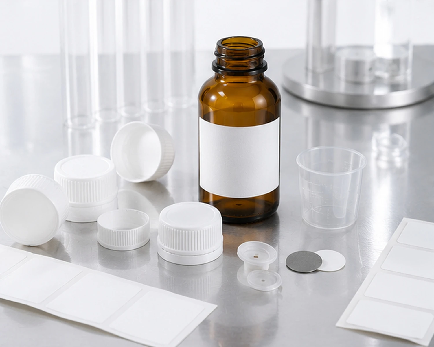 accessories detail image of Amber Pharmaceutical Glass Bottle showing closure, cap or application-specific bottle components