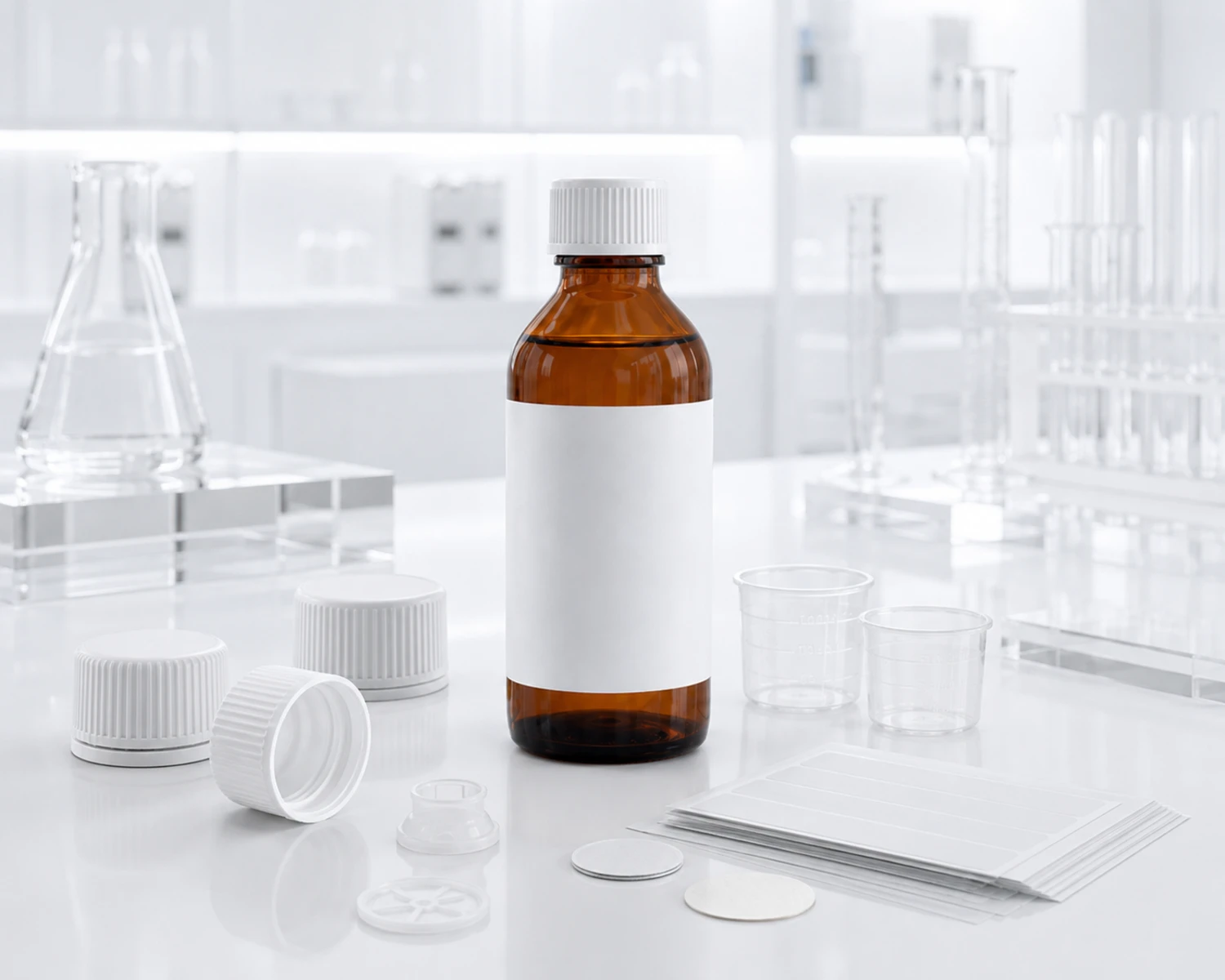 Zubehördetailbild der Amber-Flasche für pharmazeutischen Sirup, das Verschluss, Kappe oder anwendungsspezifische Flaschenkomponenten zeigt